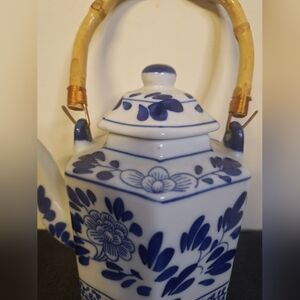 Blue and White Floral Porcelain Teapot with Bamboo Handle